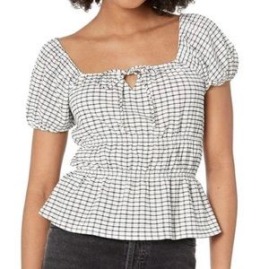 Madewell Omaha Tiered Top Gingham Square Neck Smocked Puff Sleeve Tie